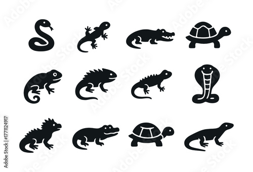 Silhouette icons of reptiles and amphibians: snakes, lizards, turtles, alligators