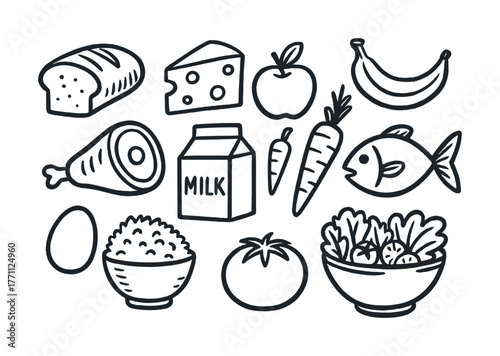 Black and white line art of various foods: bread, cheese, fruits, vegetables, milk, ham, fish, eggs