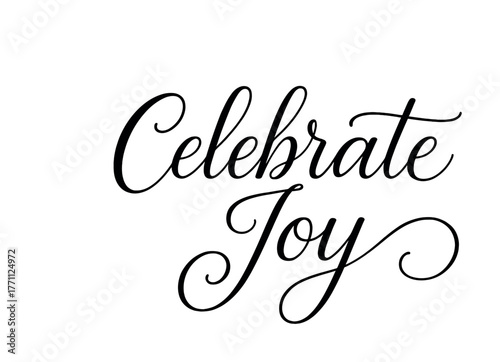 Elegant hand-lettered script with celebrate joy in black on white background