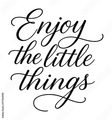 Elegant script typography art with positive message enjoy the little things