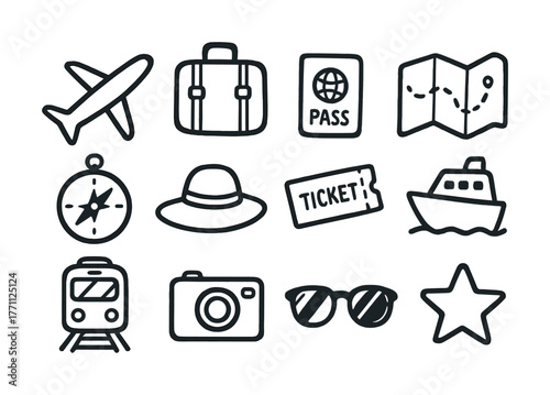 Travel icons: airplane, passport, map, and more for your adventure