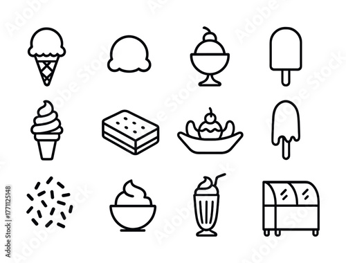 Variety of ice cream outlines: cones, scoops, sundaes, and popsicles in minimalistic icon set