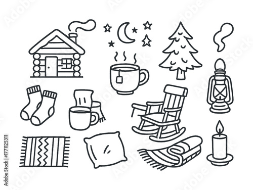 Cozy winter cabin essentials: tea, socks, rocking chair, lantern, and tree illustrations