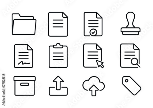 Document management icons: folder, paper, stamp, upload, cloud storage, tag, and more