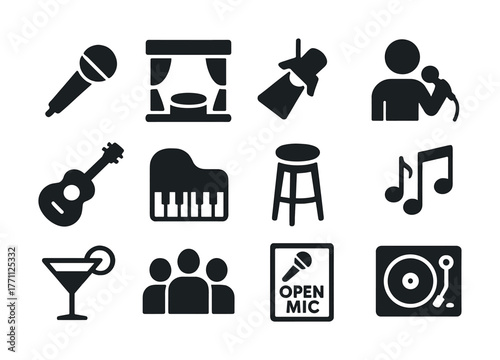 Music and performance icons: microphone, stage, instruments, and audience illustrations