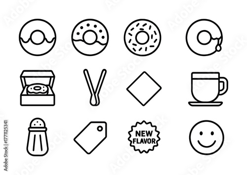 Assorted doughnut icons with coffee cup and smiley face