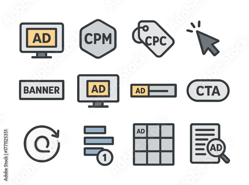 Digital advertising icons set: cpm, cpc, banner, and cta designs