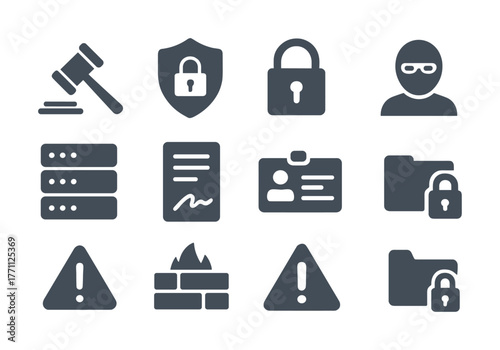 Cybersecurity icons: lock, firewall, warning, database, and identification symbols