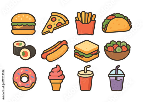 Colorful icons of popular fast food items including burger, pizza, fries, taco, sushi, and drinks