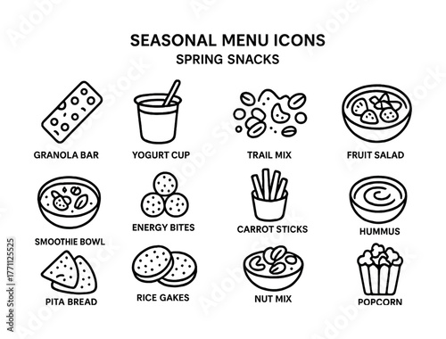 Seasonal menu icons: spring snacks featuring healthy food options in black and white