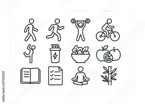Healthy lifestyle icons: exercise, nutrition, mindfulness, reading, planning, nature