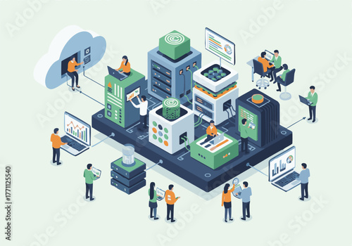Isometric illustration of a server room with people interacting with servers, cloud computing, and analyzing data on laptops and screens.