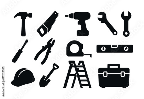 Silhouette collection of essential hand tools and equipment for construction and repair