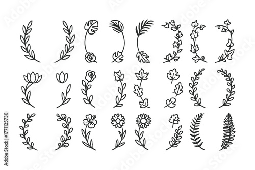 Diverse collection of hand-drawn leaf and flower doodles