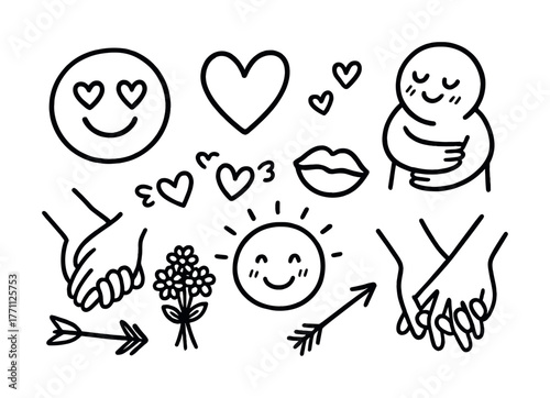 Hand-drawn love elements: hearts, smiley faces, flowers, arrows, holding hands, kissing lips