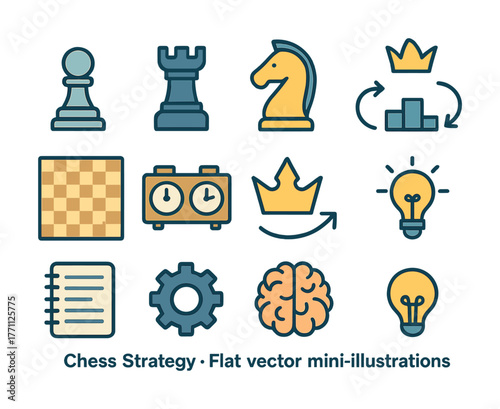 Chess strategy icons with pieces, timer, brain, and light bulbs