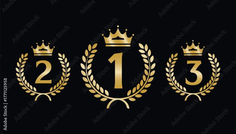 Obraz premium Elegant gold ranking emblem set with laurel wreaths and crowns showing first, second, and third place on black background. Perfect for award, competition, and success themes.