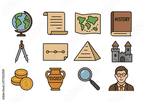 History education icons set with globe, map, castle, and artifacts