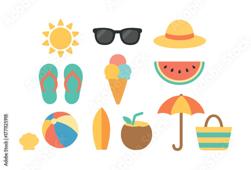 Summer beach essentials icons: sun hat, sunglasses, ice cream, beach ball, surfboard