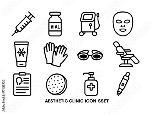 Aesthetic clinic icon set featuring medical tools and skincare items