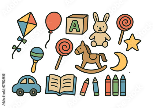 Colorful children's toys: kites, balloons, blocks, and rocking horse illustration