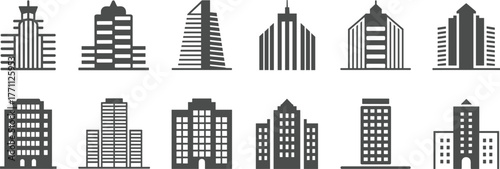 Black and white building icon set showcasing diverse architectural styles—skyscrapers, offices, residential, government structures for urban design projects