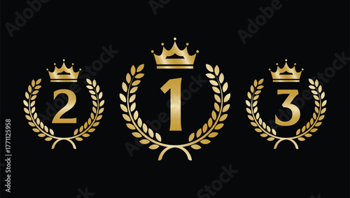 Elegant gold ranking emblem set with laurel wreaths and crowns showing first, second, and third place on black background. Perfect for award, competition, and success themes.