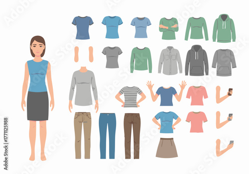A woman standing next to clothing and body parts, showcasing various outfit options and poses.
