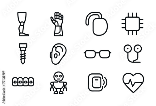 Collection of modern medical and technological icons in line art style