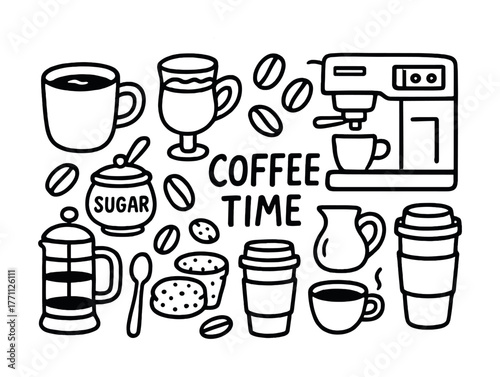 Coffee time: espresso machine, mugs, sugar, french press, beans, lined art