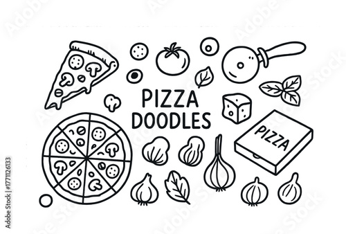 Hand-drawn pizza doodles with ingredients and utensils