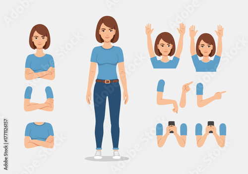Cartoon woman character kit with interchangeable arms and hands in various poses and holding a smartphone.