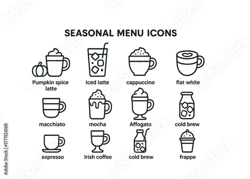 Seasonal coffee menu icons featuring pumpkin spice, iced latte, cappuccino, cold brew, and more