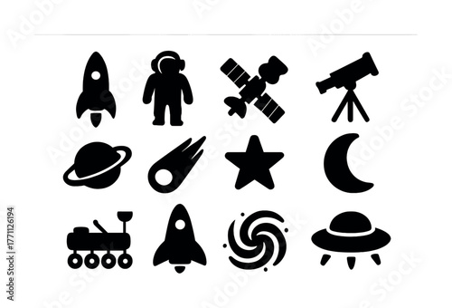 Space icons: rocket, astronaut, satellite, telescope, and more