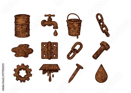 Collection of rusty objects: barrel, faucet, bucket, chain, gears, drop, nut, bolt, nail, splat, hinge