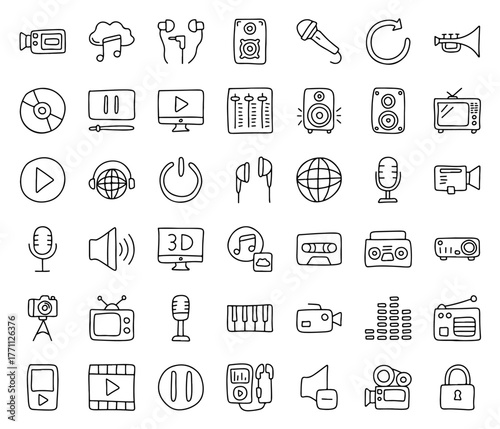 Podcast and Music Icon Set – Hand Drawn Doodle Media Icons with Microphone, Headphones, Speaker, Camera, Sound, Play Button, Radio, Music Note, and Recording Tools for Audio and Broadcasting Design