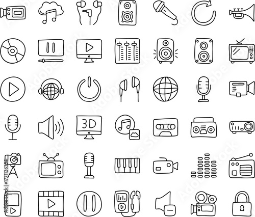 Podcast and Music Icon Set – Hand Drawn Doodle Media Icons with Microphone, Headphones, Speaker, Camera, Sound, Play Button, Radio, Music Note, and Recording Tools for Audio and Broadcasting Design