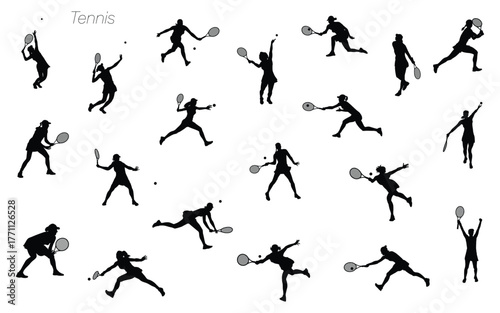 Set of silhouettes of female tennis players in various poses. Vector illustration.