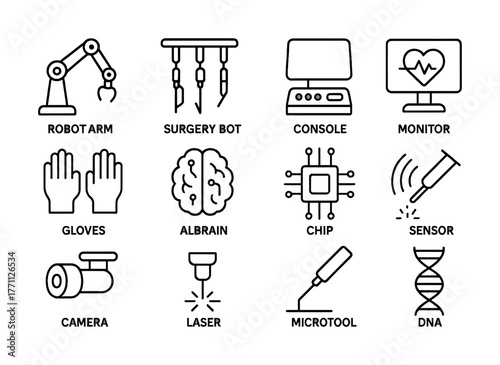 Robotics and technology icons featuring surgery bot, microtool, ai brain, and dna
