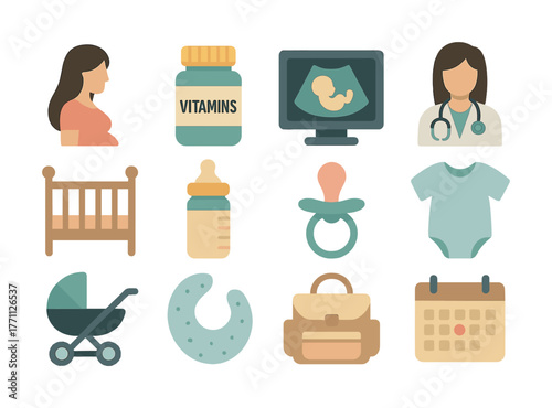 Pregnancy and baby care icons: mom, ultrasound, vitamins, stroller, calendar, doctor