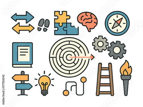 Colorful symbols for problem solving and strategy: puzzles, maze, compass, brain, gears, ladder