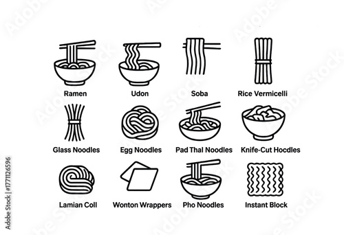 Icon set of various asian noodles: ramen, udon, soba, and more