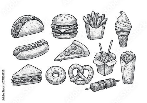 Hand-drawn fast food variety illustration featuring popular snacks and meals