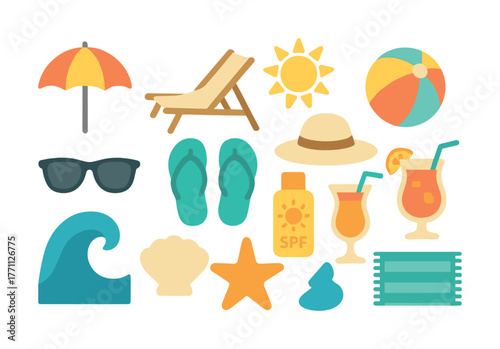 Colorful summer beach icons: umbrella, sunglasses, sandals, tropical drinks, sun