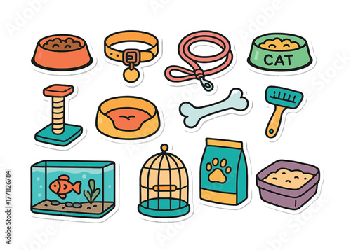 Collection of colorful pet accessories for cats and dogs