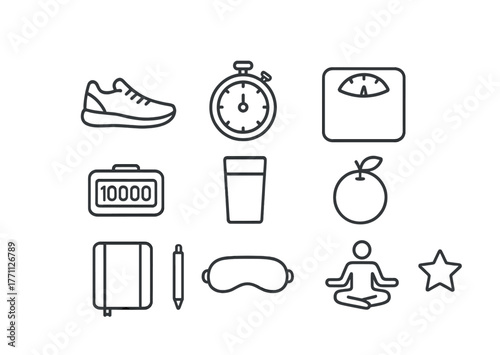 Fitness and wellness icons: shoe, timer, digital tracker, notebook, meditation, star, apple, eye mask