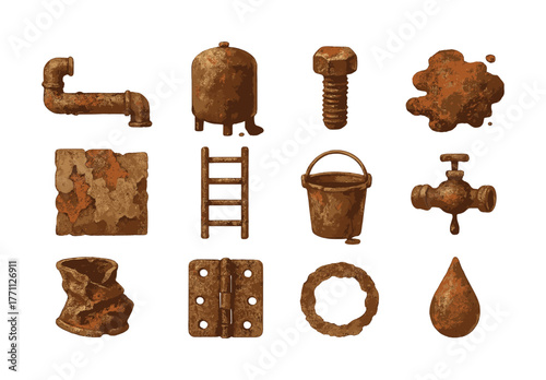 Corroded metal objects collection with rusted pipe, tank, bolt, and tools