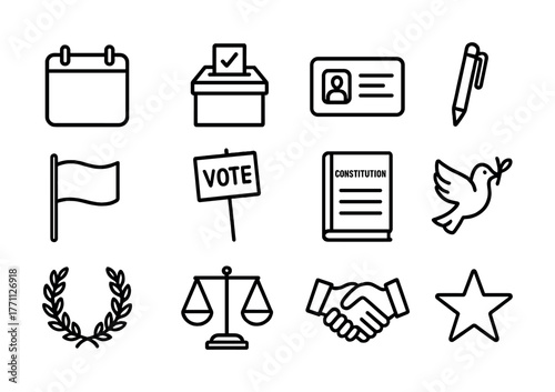 Election symbols including calendar, ballot box, vote sign, constitution, and dove