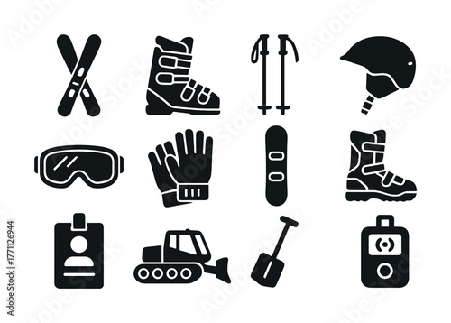 Winter sports equipment icon set for skiing and snowboarding