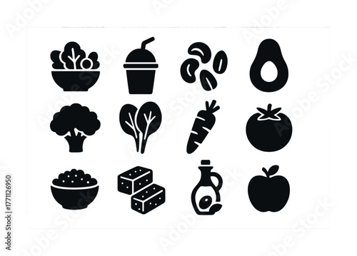 Icons of fruits, vegetables, and staples including salad, smoothie, and tofu